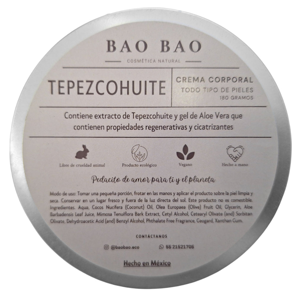 Crema Corporal Artesanal Tepezcohuite 180g Vegano | Bao Bao Cosmetica Natural