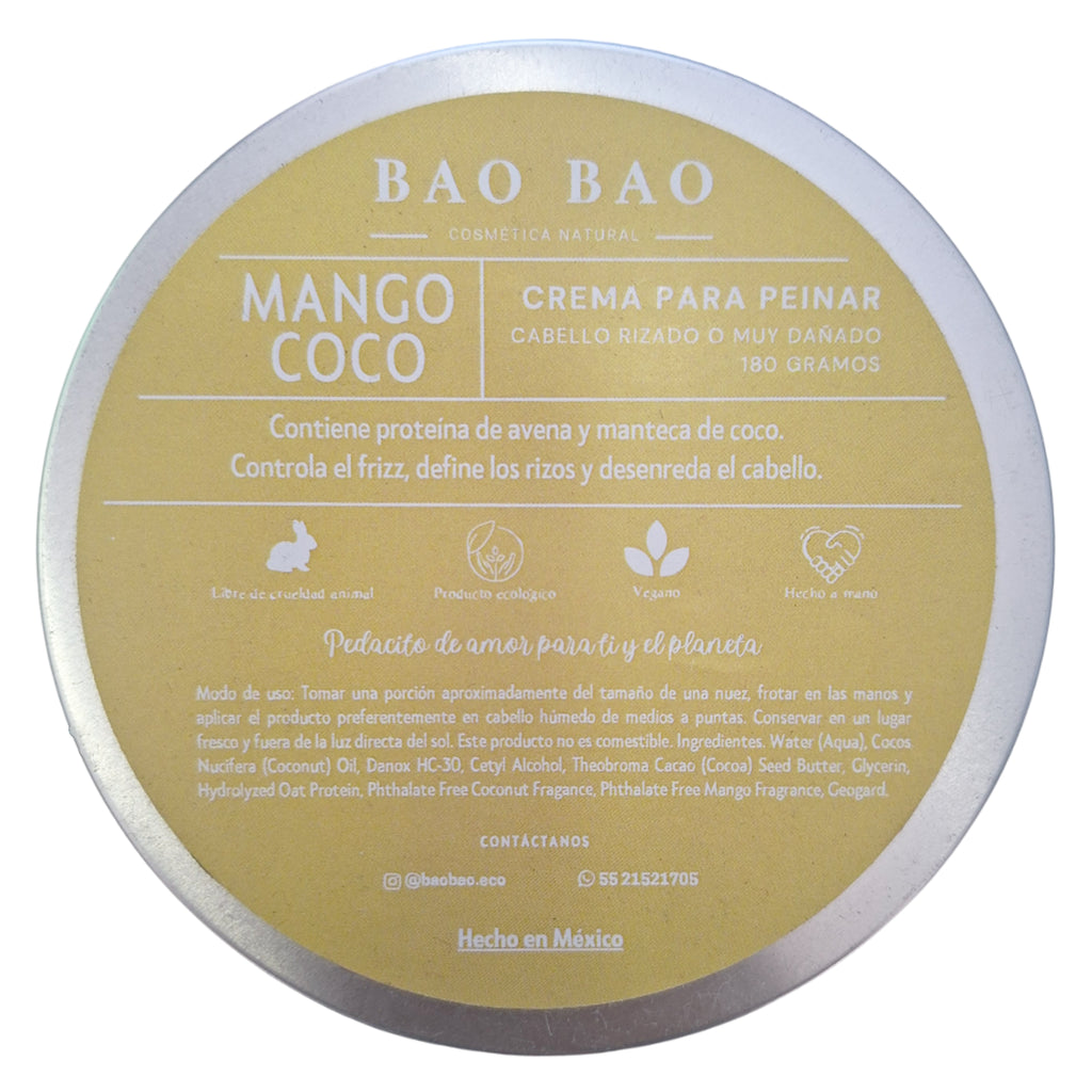 Crema para Peinar para Cabello Rizado y Dañado de Mango con Coco Vegano Artesanal 180g | Bao Bao Cosmética Natural